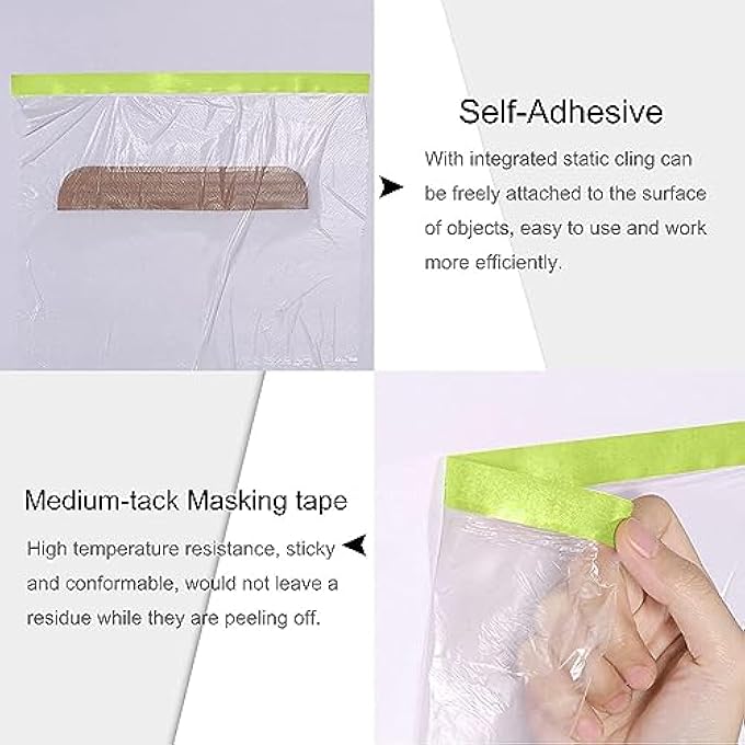 REVHQ PRE-TAPED MASKING FILM PAINTERS PLASTIC SHEETING ROLL, CLEAR DROP CLOTHS FOR PAINTING, AUTOMOTIVE APPLIANCE COVER (3 ROLL, 82FT PER ROLL) - Image 5